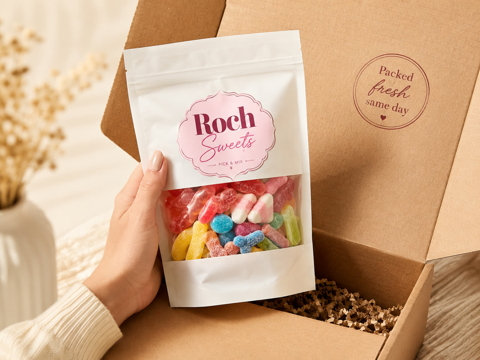 A hand holding a Roch Sweets pick and mix pouch beside its postal box