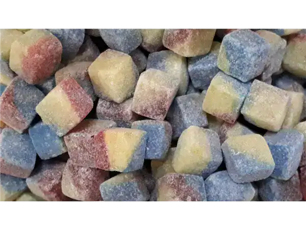 Vibrant, multi-colored sour gummy candies coated with sugar, perfect for snacks or party favors.