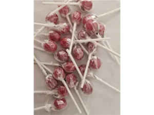 Colorful swirl lollipops with white sticks, perfect sweet treats from Roch Sweets.