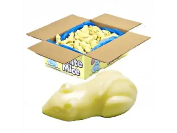Colorful cheese-shaped candy in a box of Roch Sweets cheese mice treat.