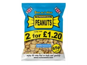 Peanuts in a blue snack bag, 2 for £1.20, ideal for sweet snack lovers.