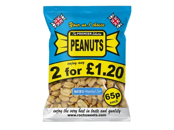 Peanuts in a blue snack bag, 2 for £1.20, ideal for sweet snack lovers.