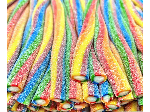 Colorful rainbow candy straws coated with sugar, perfect for desserts and party favors.