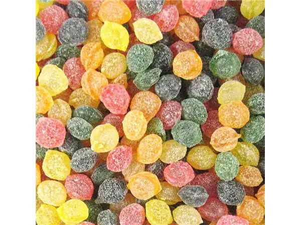 Vivid fruit gummies with sugar coating in red, yellow, green, orange, and black colors.