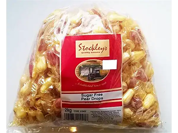 Delicious sugar-free pear drops in a 2kg bag from Roch Sweets. Perfect for sweet fruit flavor cravings.