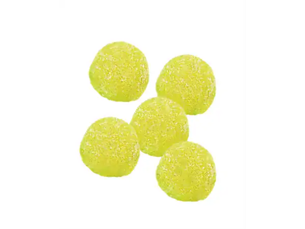 Bright yellow lemon gummy candies coated in sugar.
