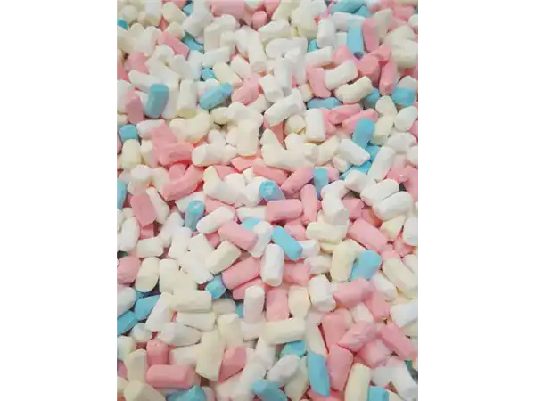 Vibrant pastel marshmallow candies in pink, blue, and white, perfect for sweet treats and decorating desserts.