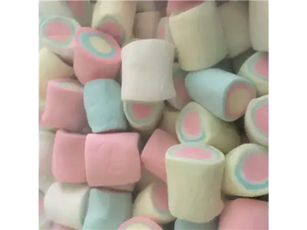 Vibrant pastel-colored marshmallows with pink, blue, yellow, and white swirls perfect for snacks and desserts.
