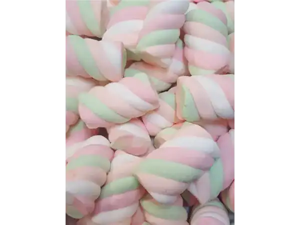 Colorful marshmallow twists in pastel pink, green, and white. Perfect for sweet treats and gift ideas.