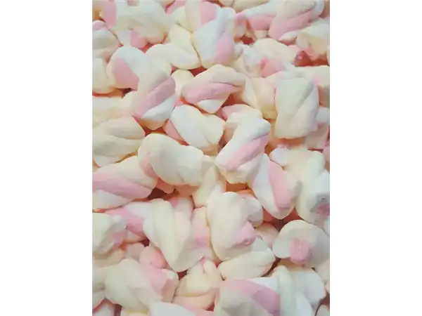 Delicious pastel pink and white marshmallow candies, soft and chewy, ideal for desserts or snacking.